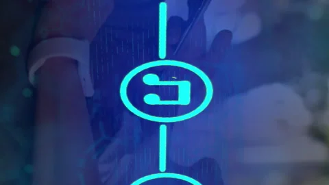 Animation of tech icons and data over hands of caucasian man using smartphone Stock Footage 313088009
