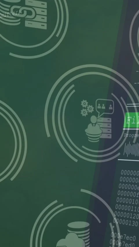 Animation of tech icons and data processing on green digital screens Stock Footage 322891768