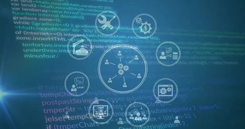 Animation of tech icons and data processing on green digital screen Stock Footage 326303122