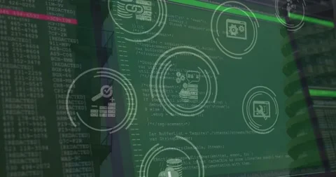 Animation of tech icons and data processing on green digital screens Stock Footage 327900175