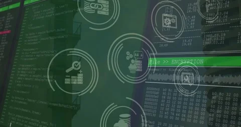 Animation of tech icons and data processing on green digital screens Stock Footage 328006729
