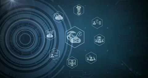 Animation of tech icons and data processing on green digital screen Stock Footage 328410679