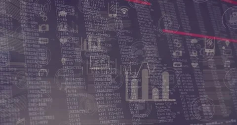 Animation of tech icons and data processing in navy digital space Stock Footage 329568463