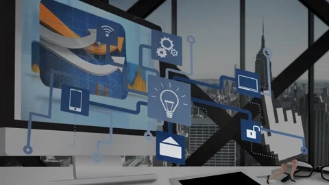 Animation of tech icons and digital hand over computer screen with arrows in Stock Footage 328588075