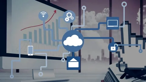 Animation of tech icons and digital hand over computer screen with graphs in Stock Footage 329372228
