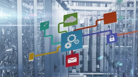 Animation of tech icons and lights over servers Stock Footage 329781251