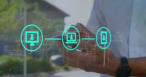 Animation of tech icons and metaverse city over hands of caucasian man using Stock Footage 327900271