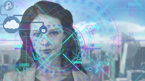 Animation of tech icons and neon shapes over caucasian woman and cityscape Stock Footage 328462212
