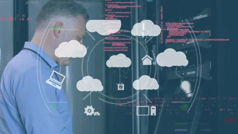 Animation of tech icons with clouds and data processing over caucasian man Stock Footage 327641568