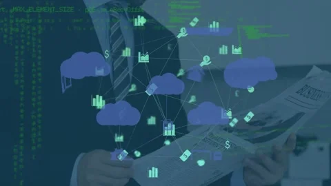 Animation of tech icons with clouds and data processing over caucasian Stock Footage 329232505