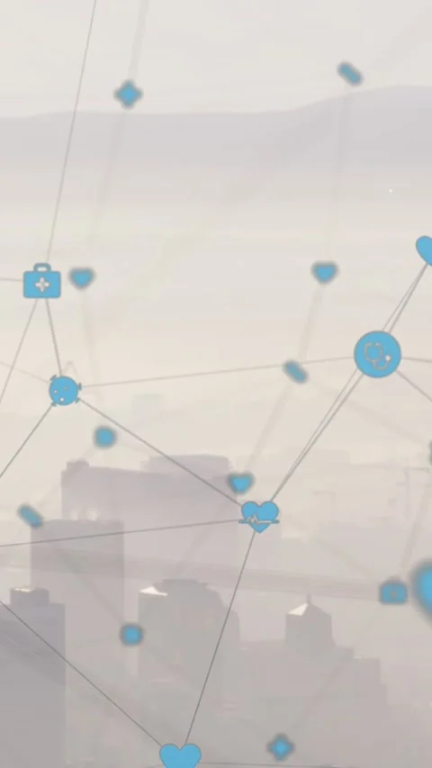 Animation of tech icons with connections floating over cityscape Stock Footage 322560724