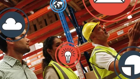 Animation of tech icons floating over diverse female and male warehouse workers Stock Footage 327844192