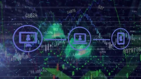 Animation of tech icons, globe, graphs and network of connections on navy Stock Footage 328410837