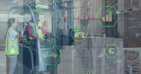 Animation of tech icons in hexagons over caucasian female and male warehouse Stock Footage 327445597