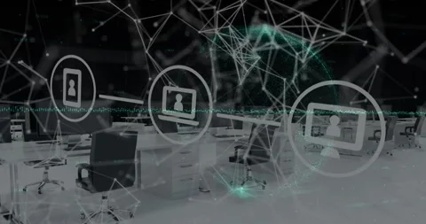 Animation of tech icons, network of connections and office desks on black Stock Footage 330402327