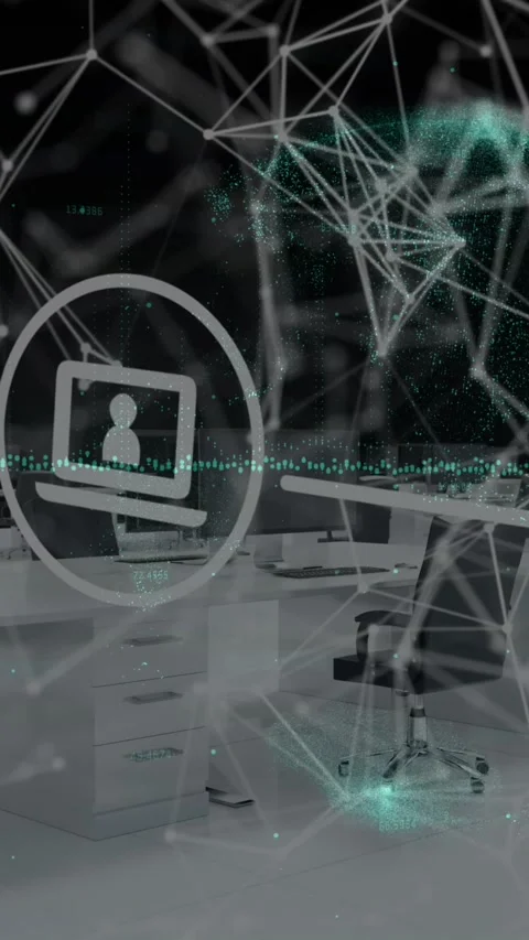 Animation of tech icons, network of connections and office desks on black Stock Footage 342953505