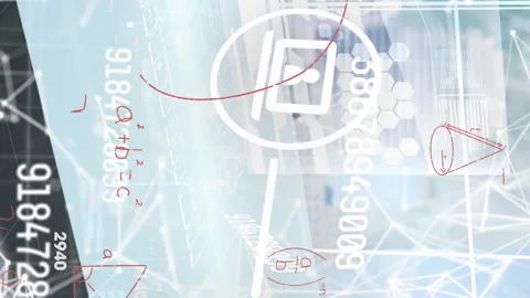 Animation of tech icons, numbers and math formulas on grey background Stock Footage 312303841
