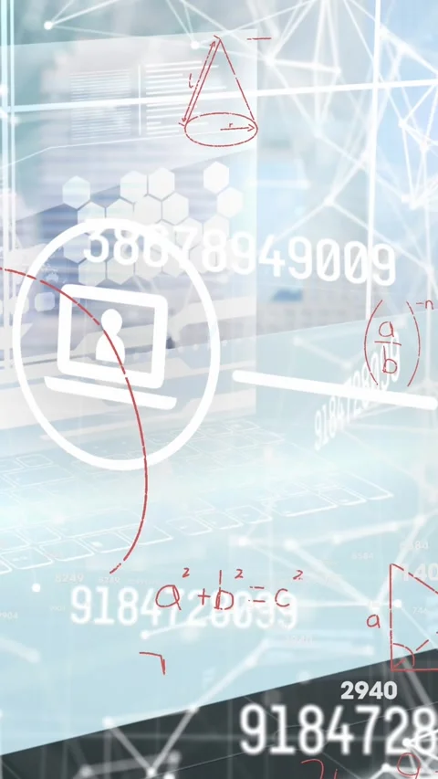 Animation of tech icons, numbers and math formulas on grey background Stock Footage 322561055
