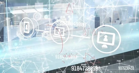 Animation of tech icons, numbers and math formulas on grey background Stock Footage 325965516