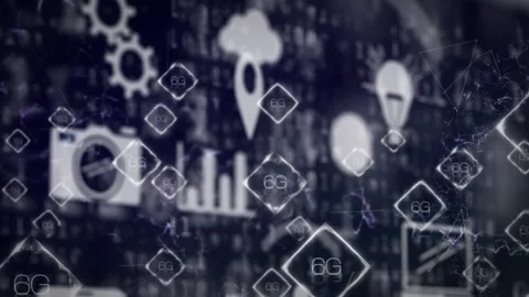 Animation of tech icons over binary code and black background Stock Footage 328711646
