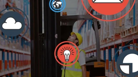 Animation of tech icons over caucasian male warehouse worker Stock Footage 327201408