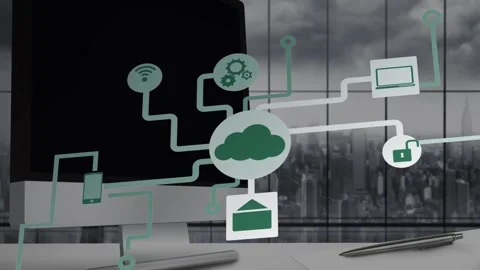 Animation of tech icons over computer screen with copy space in office Stock Footage 328154176