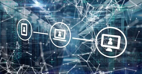 Animation of tech icons over connections and servers Stock Footage 327961016