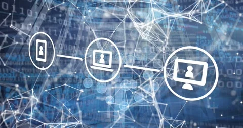 Animation of tech icons over connections, binary code and servers Stock Footage 328087009