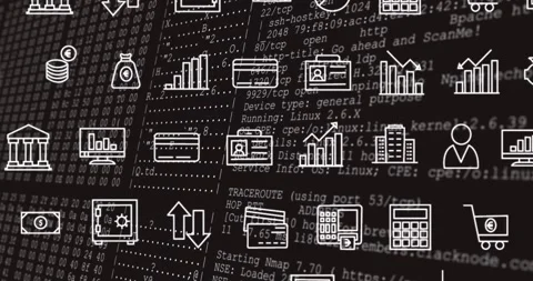 Animation of tech icons over data processing on black background Stock Footage 316461656