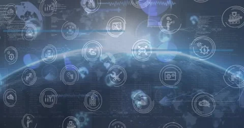 Animation of tech icons over globe and data processing Stock Footage 328243411