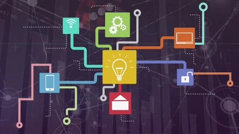 Animation of tech icons over graphs and dark background Stock Footage 328009880