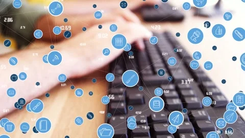 Animation of tech icons over hands of caucasian man typing on computer Stock Footage 329917671