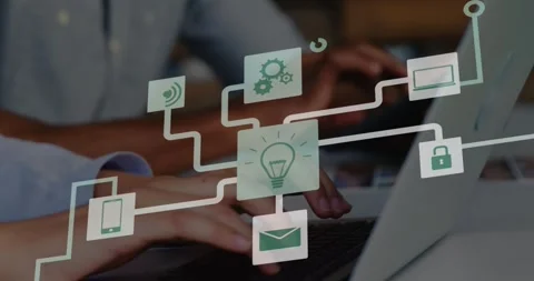 Animation of tech icons over hands of afican american woman and man using tablet Stock Footage 330107675