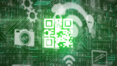 Animation of tech icons over qr code and integrated circuit on green background Stock Footage 327444450