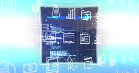 Animation of tech icons over screen with data processing on blue background Stock Footage 328250663