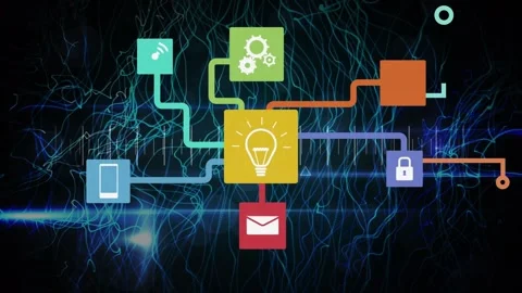 Animation of tech icons over waves on black background Stock Footage 329579032