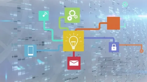 Animation of tech icons ver data processing and lights on grey background Stock Footage 327528780