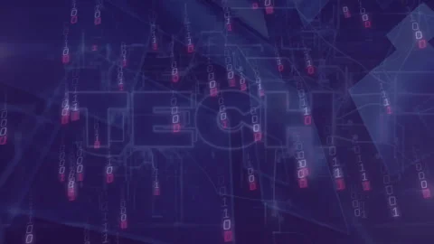 Animation of tech text and binary coding over shapes Stock Footage 306816275