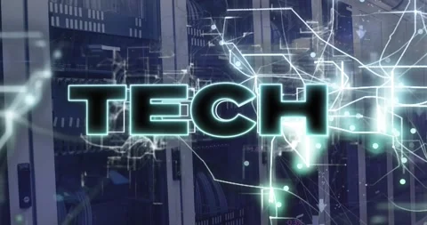Animation of tech text and icons over computer servers Stock Footage 328642367