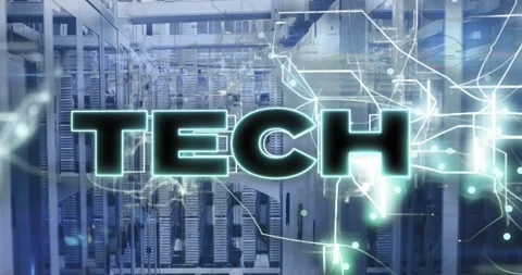 Animation of tech text banner and glowing light trails against computer server Stock Footage 329517802