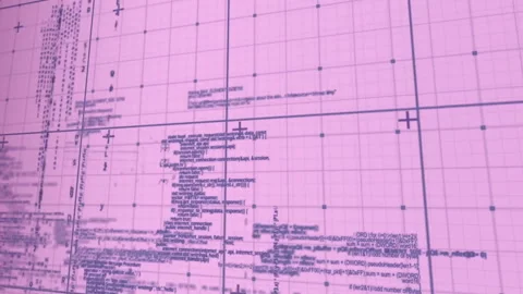 Animation with technical data and code on pink grid background for school Video stock 304839004
