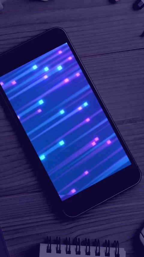 Animation of technological devices with light trails on screen on desk Stock Footage 342005268