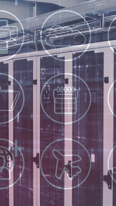 Animation of technological icons in circles over an empty server room Stock Footage 323682228