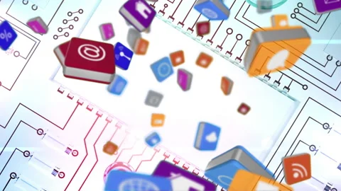 Animation of technological icons falling over microprocessor connections Vídeo Stock 147868978