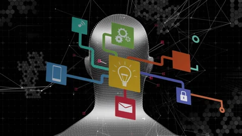 Animation of technology icons connecting over abstract human head silhouette Stock Footage 304010592