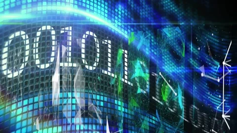 Animation of technology icons, lights and binary code on digital display Stock Footage 330058143