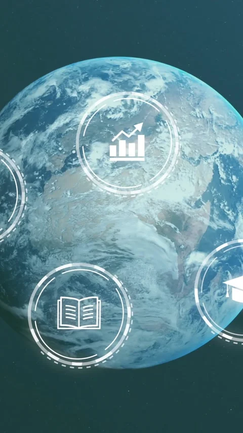 Animation of technology icons over globe on black background Stock Footage 344595791