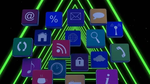 Animation of technology icons over neon triangles moving over black background Stock Footage 330247610