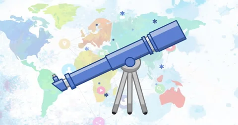 Animation of telescope icon over world map on white background Stock Footage 310925159