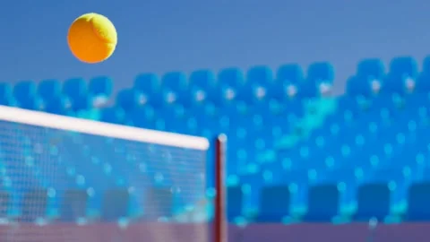 Animation of tennis racket stops bouncing ball on the court. Render 4K HD Stock Footage 133387280